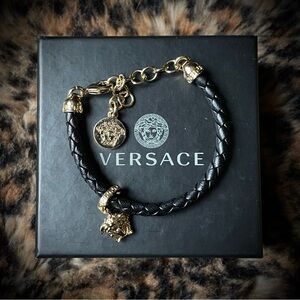 Versace Black Leather Braided Medusa Charm Bracelet Gold toned